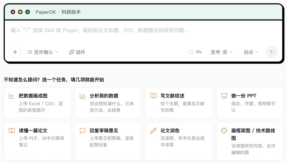 PaperOK科研助手对话页的常用任务卡片