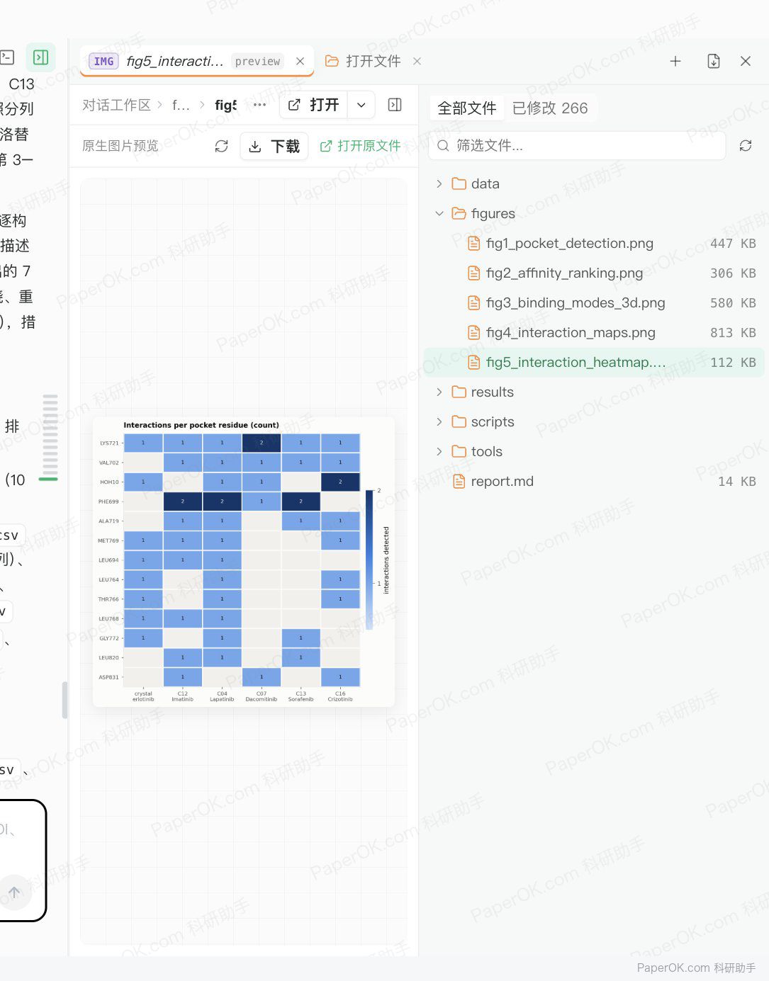 小分子与靶点蛋白的分子对接筛选 运行截图:在右侧打开相互作用热图,左侧是结果表、图和脚本