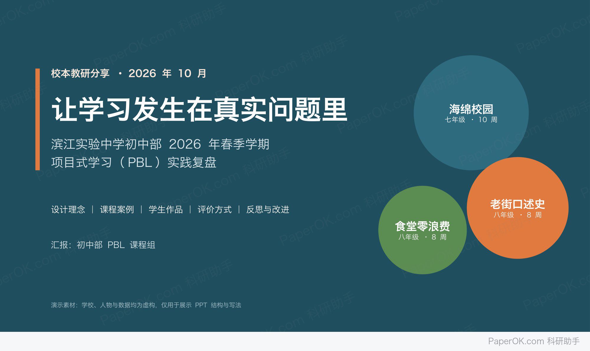 教研分享 PPT:项目式学习的课堂实践:封面:注明演示素材、数据虚构