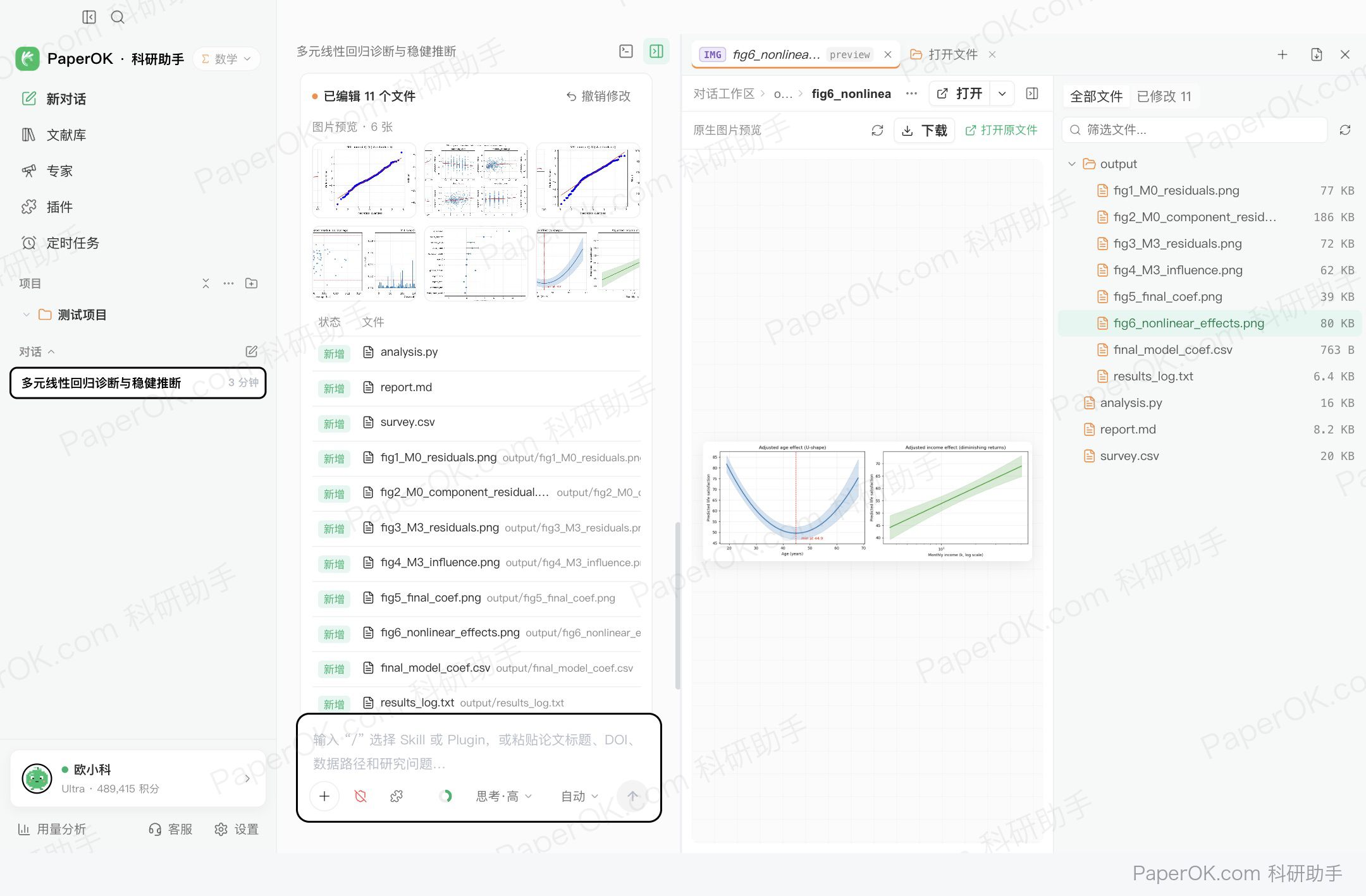 回归分析与模型诊断:发现被检验漏掉的非线性 运行截图:打开非线性效应图:年龄的 U 型曲线与收入的边际递减